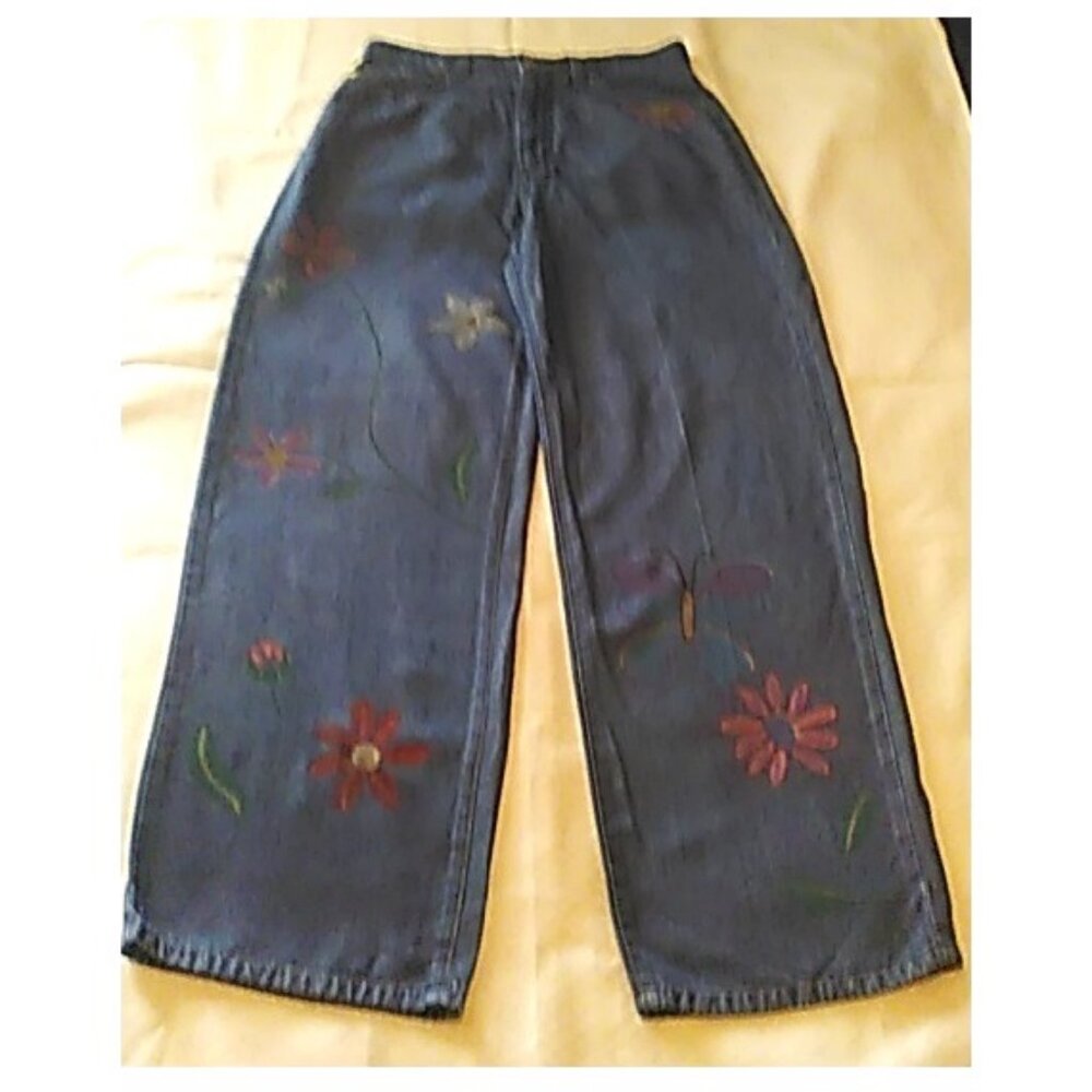 Pulp Jeans Painted "In The Garden" Flowers Size 10 Upcycled Reworked Boho Hippy